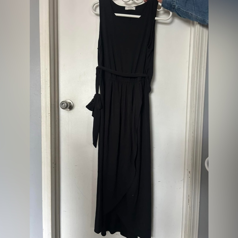 Women black dress with tie around waist